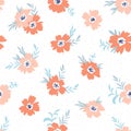 Trendy vector seamless floral ditsy pattern. Fabric design with simple flowers on the light polka dot background. Royalty Free Stock Photo