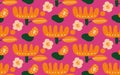 Trendy vector seamless repeating pattern with hand drawn flowers and different shapes on pink background Royalty Free Stock Photo