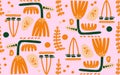 Trendy vector seamless repeating pattern with hand drawn orange flowers, dots and different shapes on pink background Royalty Free Stock Photo