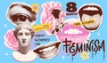 Trendy vintage collage torn out stickers set in grunge style. Halftone lips, eyes, heart, flower and antique female bust