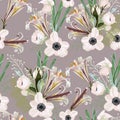 Trendy vintage Floral pattern with the many kind of flowers. Botanical Motifs scattered random.