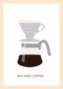 Trendy wall art with V60 glass pot and hot freshly brewed speciality coffee. Pour over craft coffee maker vertical print