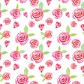 Valentine's day Watercolor cute floral pattern with pink roses and hearts on white background. Beautiful botanical print Royalty Free Stock Photo