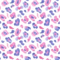 Trendy Watercolor leopard or cheetah skin seamless pattern on white background. Animal endless print with pink and purple spots