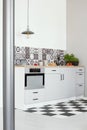 White kitchen interior with elegant wooden cupboards and kitchen accessories Royalty Free Stock Photo