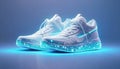 Trendy white sneakers in neon light. Neon Glow Fashionable sport Footwear, Neon sneaker with lighting effect
