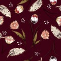 Trendy Wild flower tulip flower seamless pattern in a hand drawing style. Aquarelle florals on beautiful purple background, Royalty Free Stock Photo