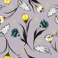 Trendy Wild flower tulip flower seamless pattern in a hand drawing style. Royalty Free Stock Photo