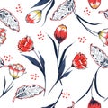 Trendy Wild flower tulip flower seamless pattern in a hand drawing style. Royalty Free Stock Photo