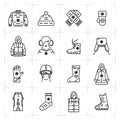 Trendy winter clothes isolated line icons set, sport, snowboarding, ski Royalty Free Stock Photo