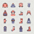 Trendy winter clothes line icons set, sport, outline sportswear