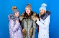 Trendy winter coat. girls in beanie. flu and cold. seasonal shopping. winter clothing fashion. faux fur down jacket