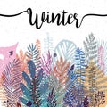 Trendy winter leaves background. Vector botanical illustration, Great design element for congratulation cards, banners