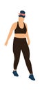 Trendy woman walking. Cartoon female in wears sport clothing. Young character in black leggings and top. Modern outfit