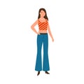 Trendy woman wearing flared denim jeans and top vector flat illustration. Stylish person demonstrate fashion street