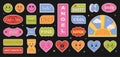 Trendy Y2K sticker pack with different shapes, short cheerful phrases, characters with cute faces