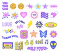 Trendy Y2K stickers. Cute girly patches, butterfly and glamour heart symbols. Retro stars, flowers and smiles vector set