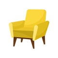 Trendy yellow armchair with wooden legs. Comfortable furniture. Stylish soft chair for living room. Flat vector design