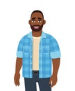 Trendy young African American man standing. Stylish person looking and posing. Male character design illustration. Diverse people.