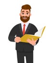 Trendy young businessman holding a file. Stylish person in black suit, reading yellow folder or documents. Male character design.