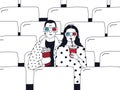 Trendy young couple in cinema. Fashionable guy and girl in 3d-glasses with popcorn and drink. Colorful hand drawn vector