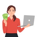 Trendy young woman holding laptop computer and showing cash, money, currency notes. Girl using digital device. Female character