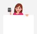 Trendy young woman showing calculator. Stylish girl holding a blank poster, banner, paper. Happy female character presenting