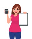 Trendy young woman showing, holding calculator. Stylish girl displaying clipboard, file report or document. Happy female character