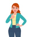 Trendy young woman showing thumbs up sign. Pretty teenage girl making like, good or success gesture. Female character design.