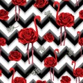 Trendy zigzag lines print embroidered red roses and flamingo seamless pattern