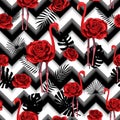 Trendy zigzag lines print embroidered red roses and flamingo seamless pattern