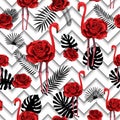 Trendy zigzag lines print embroidered red roses and flamingo seamless pattern