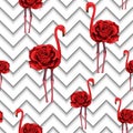 Trendy zigzag lines print embroidered red roses and flamingo seamless pattern