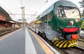 Trenord Locomotive on the platform at the Laveno Mombello railway Station in province of Varese, Italy