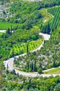 Trentino rural landscape, winding road in Italy, aerial view