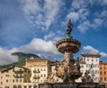 Trento city: main square Piazza Duomo, with clock tower and the Late Baroque Fountain of Neptune. City in Trentino Alto Adige, nor Royalty Free Stock Photo