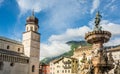 Trento city: main square Piazza Duomo, with clock tower and the Late Baroque Fountain of Neptune. City in Trentino Alto Adige, nor Royalty Free Stock Photo