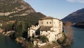 TRENTO, ITALY - DECEMBER 22. 2018. Aerial view Castel Toblino castle on the lake