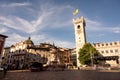 Trento, Italy, June 2021. Amazing photograph at the golden hour of the main square: in evidence the frescoed facade of the