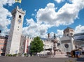 Trento, Italy, June 2021. Nice view of the main square: in evidence the bell tower, the fountain of Neptune and the cathedral. Royalty Free Stock Photo