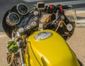 Trento, July 22, 2017: Show classic motorcycles. Motorcycle parts details. Vintage filter effect Royalty Free Stock Photo