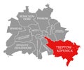 Treptow-Koepenick city district red highlighted in map of Berlin Germany