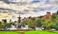 Tres Gracias Fountain and Alcazaba Castle in Malaga - Adalusia, Spain