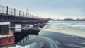 Winter Wisconsin trestle trail bridge over lake Royalty Free Stock Photo