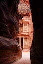 The Tresury from a narrow opening in the Siq, Petra, Jordan