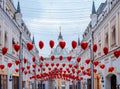 Tretyakov passage on Valentine`s Day. Heart shaped balloons.