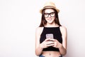 Trevel girl texting message Royalty Free Stock Photo