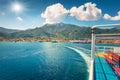 Treveling by ferry from Lefkada island to Kefalonia. Sunny morning seascape of Ionian Sea. Colorful spring view of Greece, Europe