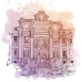 The Trevi Fountain in Rome, Italy. Vintage design. Linear sketch on a watercolor textured background