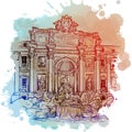 The Trevi Fountain in Rome, Italy. Vintage design. Linear sketch on a watercolor textured background